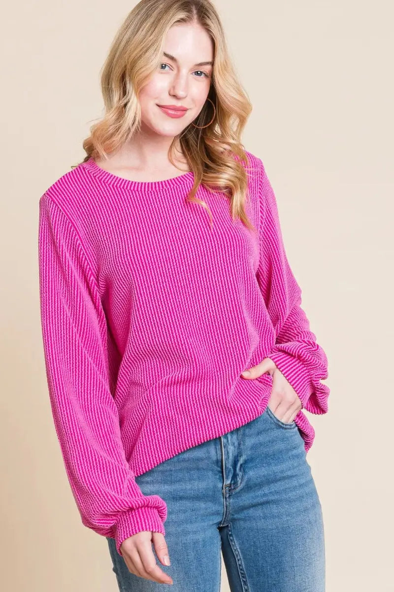T-Shirts Trendsi Ribbed Long Sleeve Top Women's Everyday Curved Hem T-Shirt Soft & Stylish