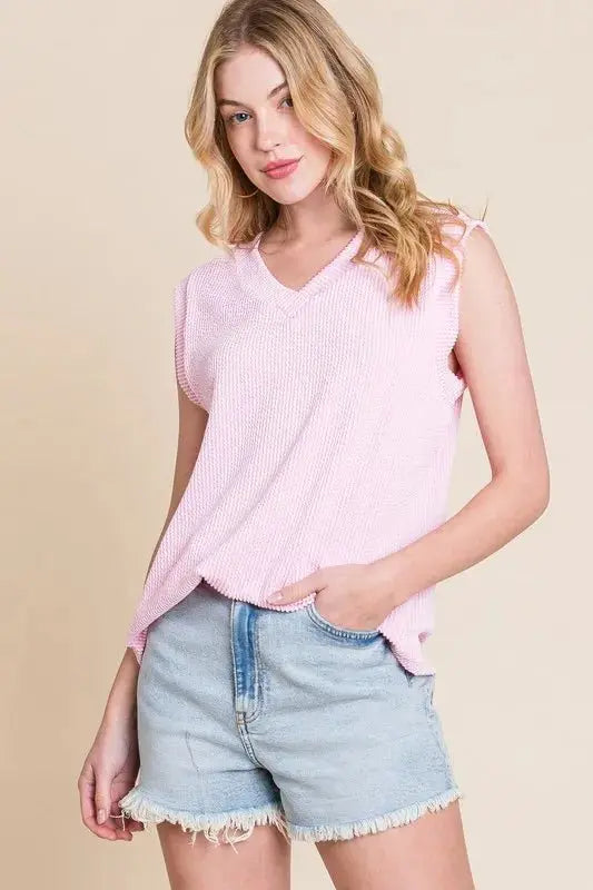 Shorts Trendsi Ribbed V-Neck Top Women's Casual Tank Soft & Stretchy