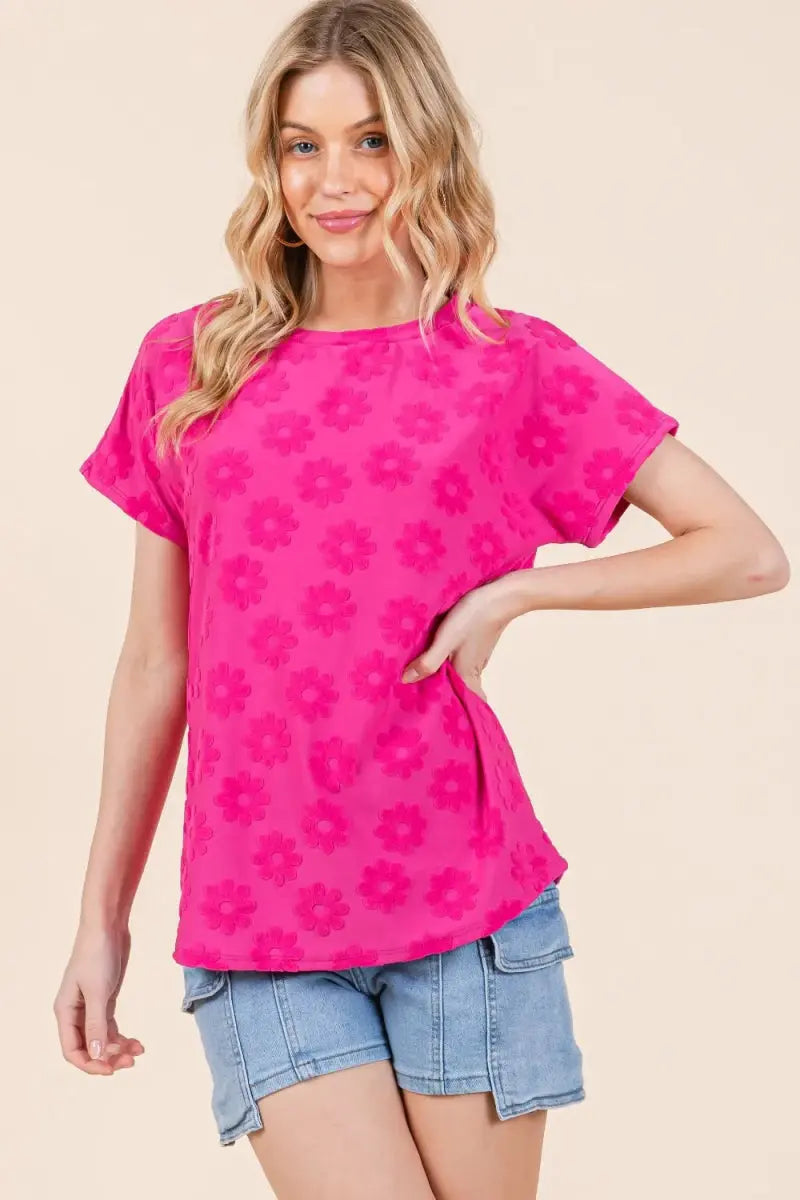 Women's Short Sleeve T-Shirt Women's Tee - Floral Textured - Short Sleeve Casual Top