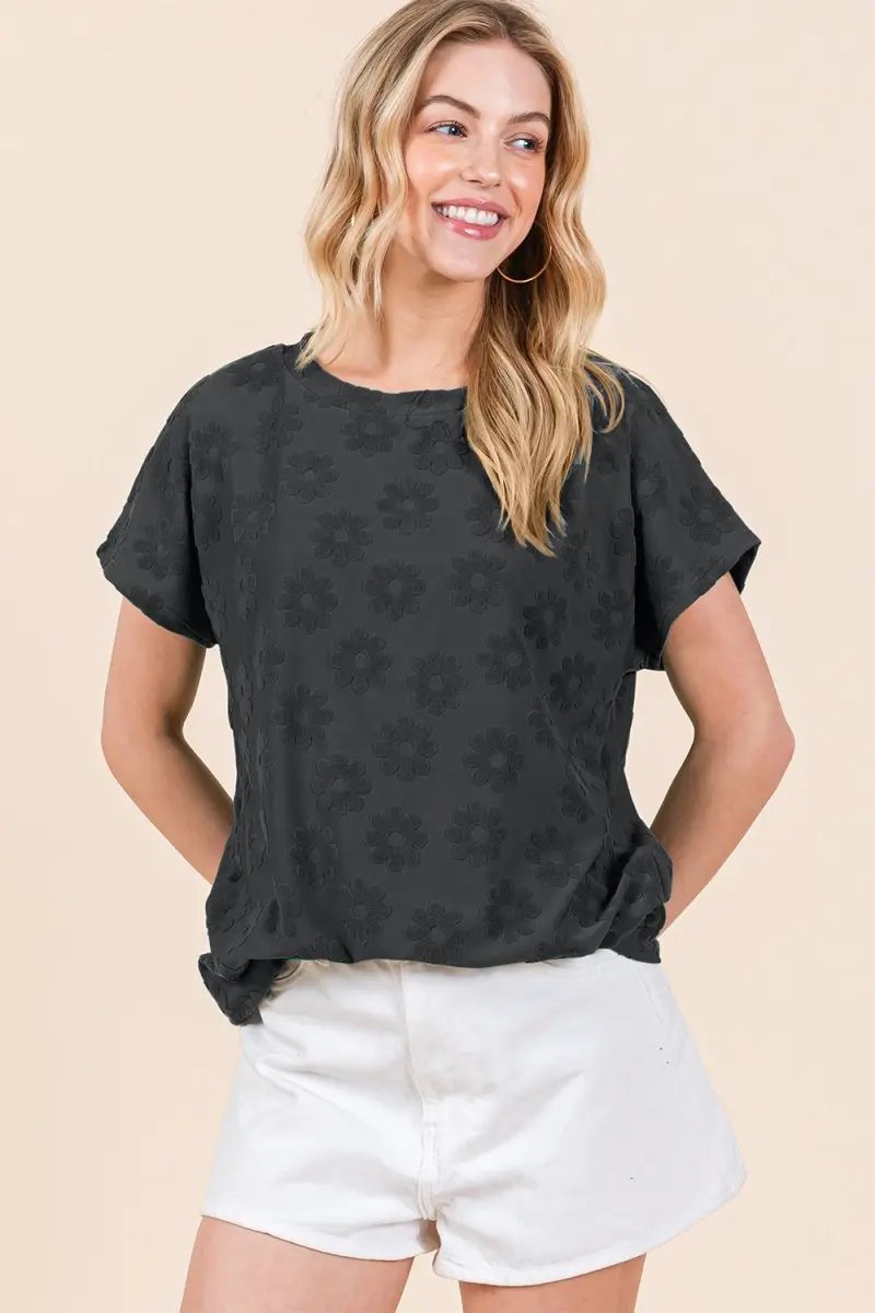 T-Shirts Trendsi Floral Textured Tee Women's Casual Top Short Sleeve T-Shirt Soft & Stylish