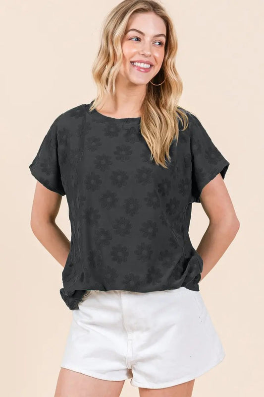 T-Shirts Trendsi Floral Textured Tee Women's Casual Top Short Sleeve T-Shirt Soft & Stylish