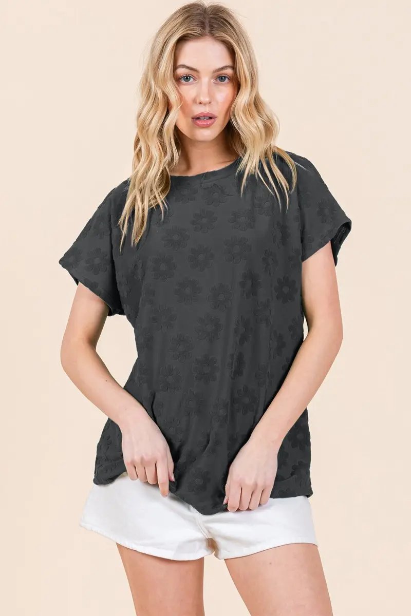 T-Shirts Trendsi Floral Textured Tee Women's Casual Top Short Sleeve T-Shirt Soft & Stylish