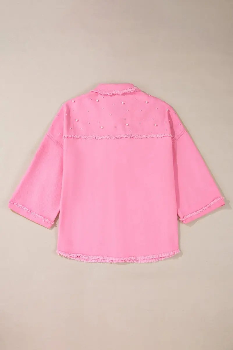Shirts Love Salve Denim Jacket Women's Casual Wear Pearl Beaded Raw Hem Button Up Top