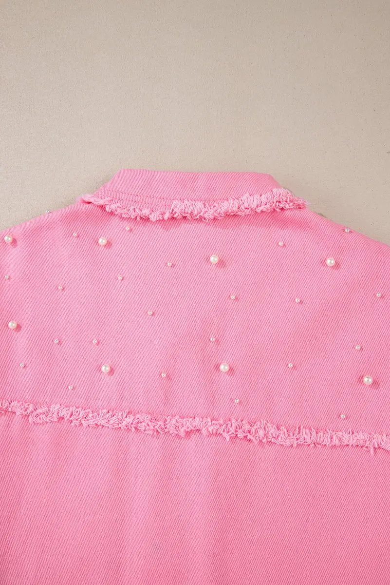 Shirts Love Salve Denim Jacket Women's Casual Wear Pearl Beaded Raw Hem Button Up Top