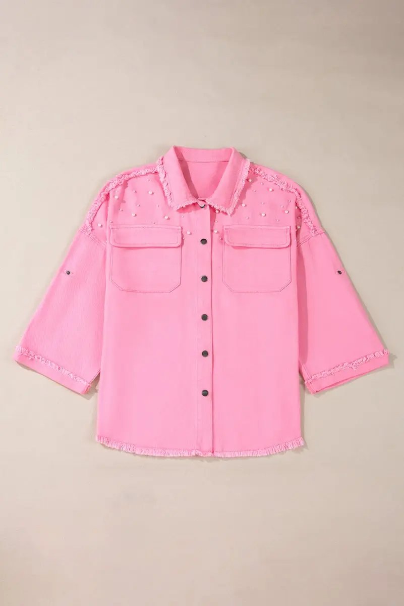 Shirts Love Salve Denim Jacket Women's Casual Wear Pearl Beaded Raw Hem Button Up Top