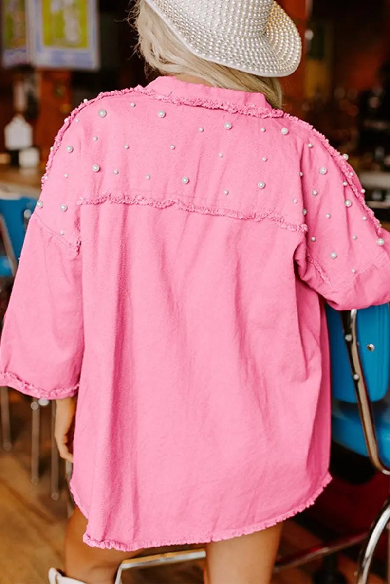 Shirts Love Salve Denim Jacket Women's Casual Wear Pearl Beaded Raw Hem Button Up Top