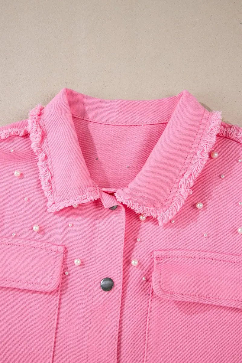 Shirts Love Salve Denim Jacket Women's Casual Wear Pearl Beaded Raw Hem Button Up Top