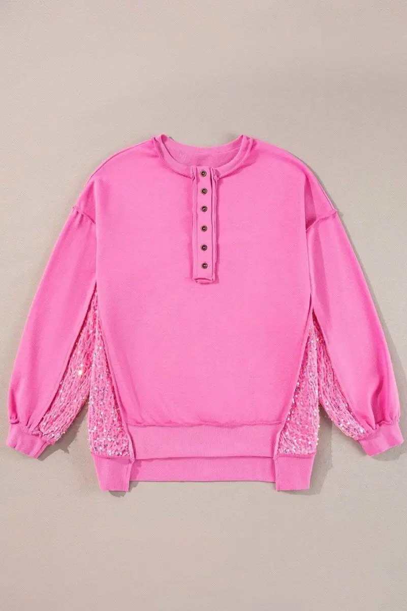 Sweaters Love Salve Sequin Patchwork Women's Henley Sweatshirt Casual High Low Top