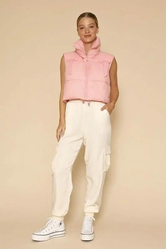 Women's Cropped Puffer Vest Cropped Puffer Vest - Bow Detail & Lightweight - Trendy Fashion