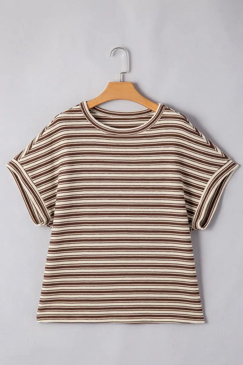 T-Shirts Love Salve Brown Stripe Women's Textured Tee Casual Summer Top Side Slits