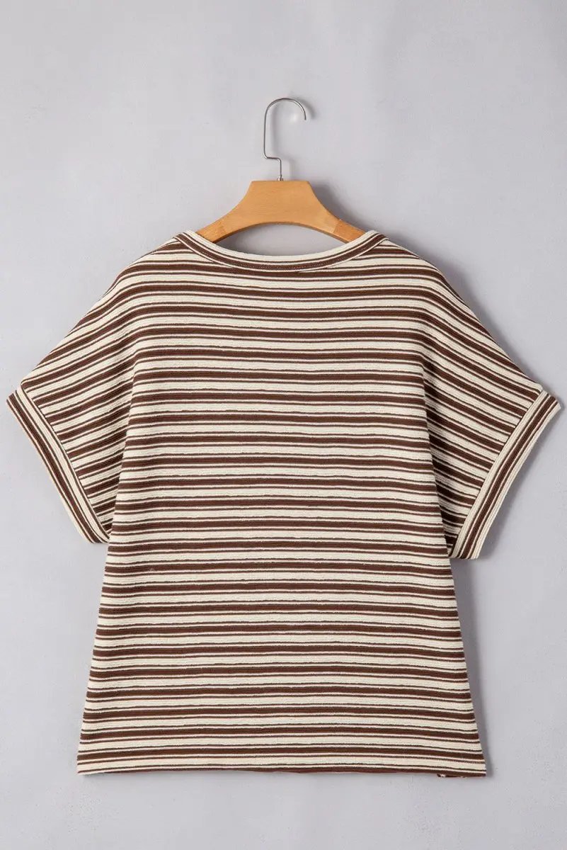 T-Shirts Love Salve Brown Stripe Women's Textured Tee Casual Summer Top Side Slits