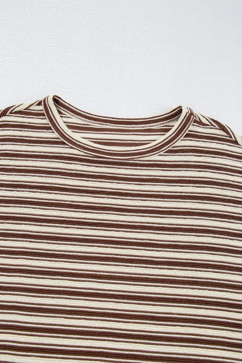 T-Shirts Love Salve Brown Stripe Women's Textured Tee Casual Summer Top Side Slits