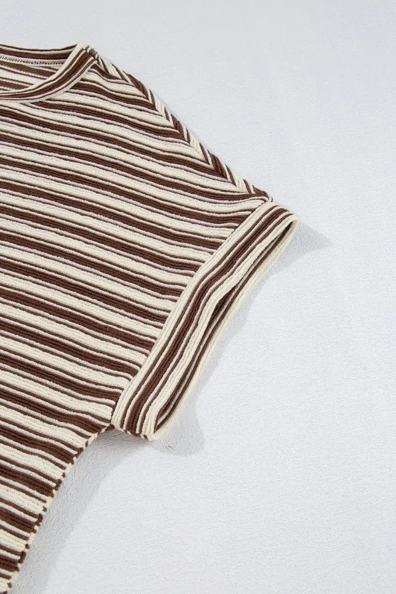 T-Shirts Love Salve Brown Stripe Women's Textured Tee Casual Summer Top Side Slits
