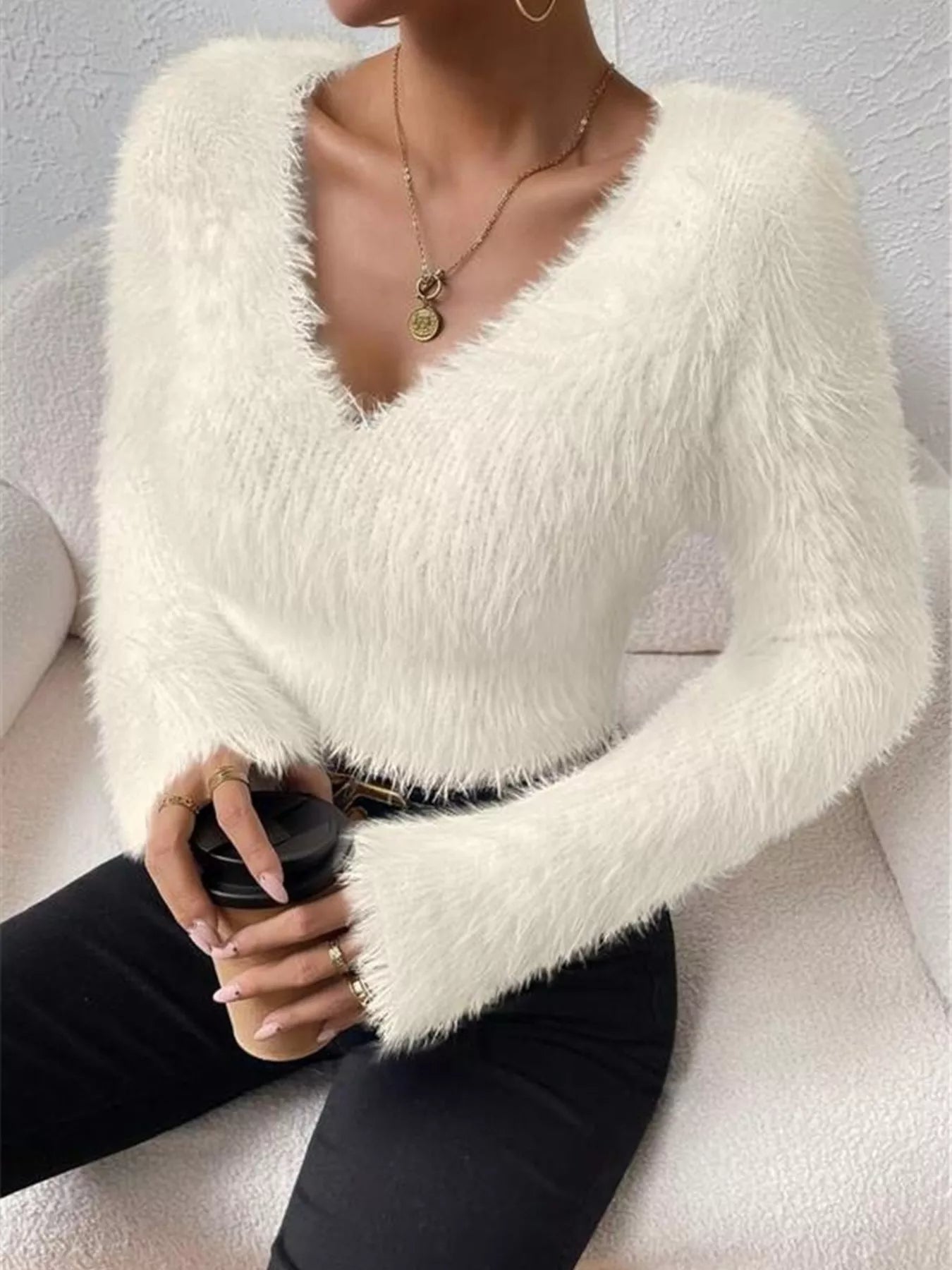 Fluffy Knit V Neck Sweater