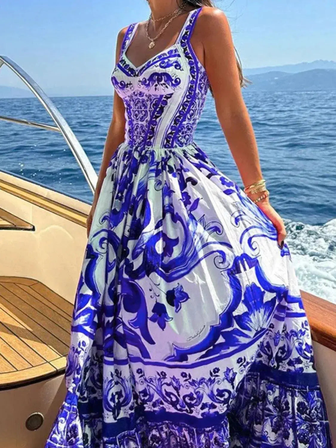 Smocked Blue Tile Print Wide Strap Midi Dress