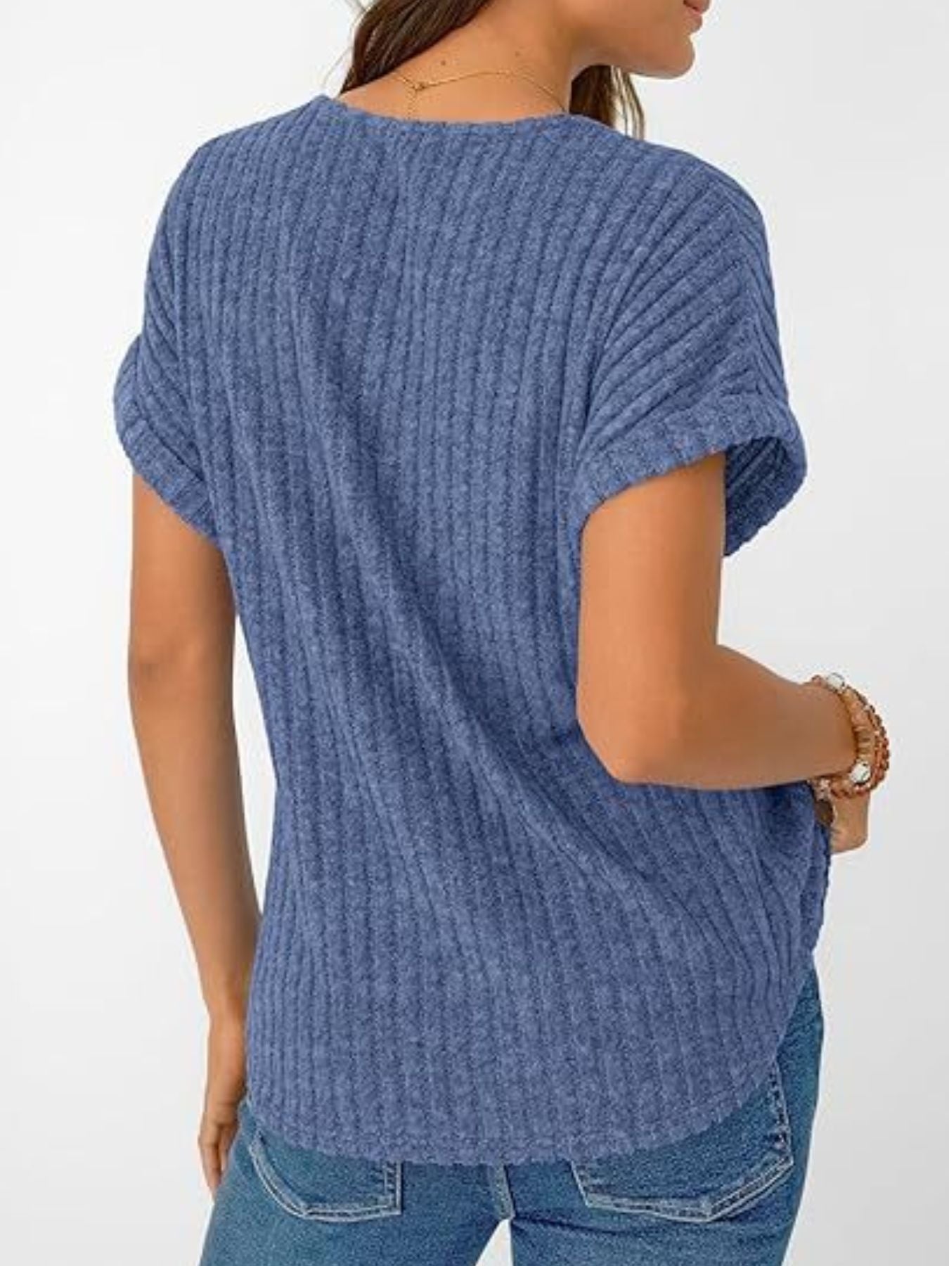 Ribbed Knit V Neck Relaxed Fit T Shirt
