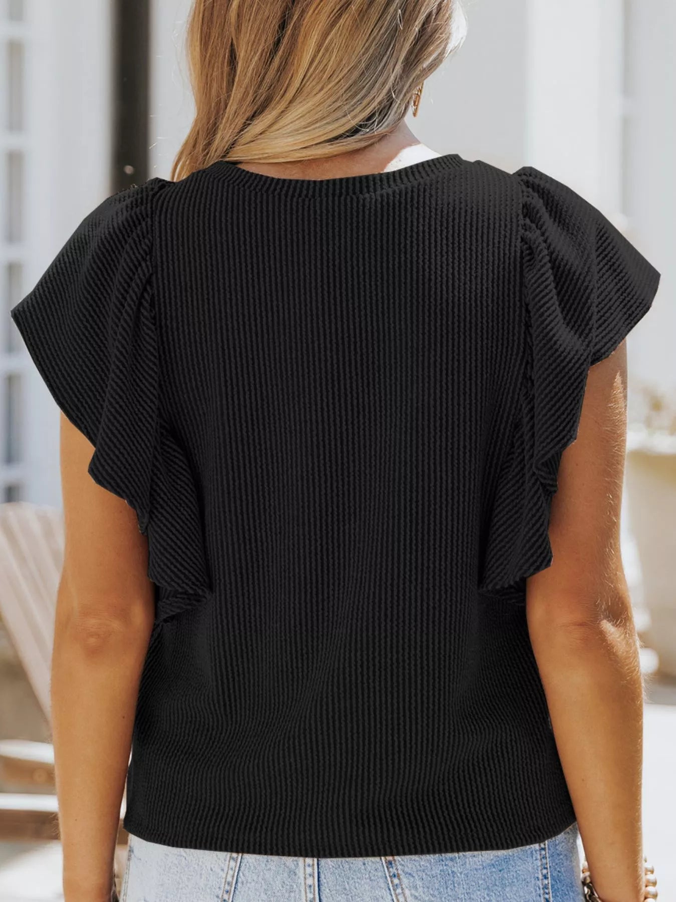 Full Size Ruffled Sleeve Ribbed Knit T Shirt
