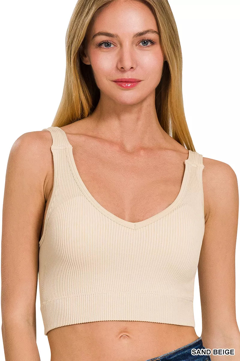 Zenana Seamless Ribbed Cropped Bra Padded V Neck Tank Top