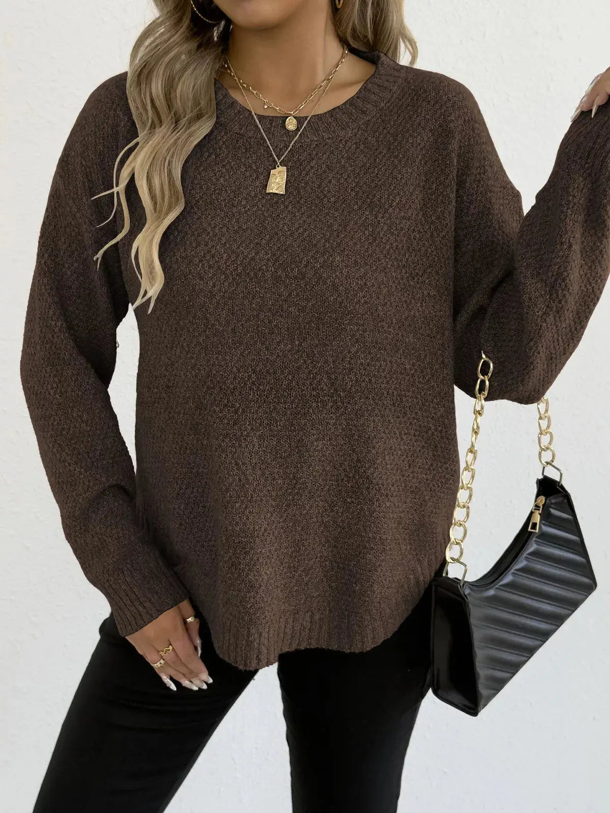 Round Neck Textured Knit Relaxed Fit Sweater