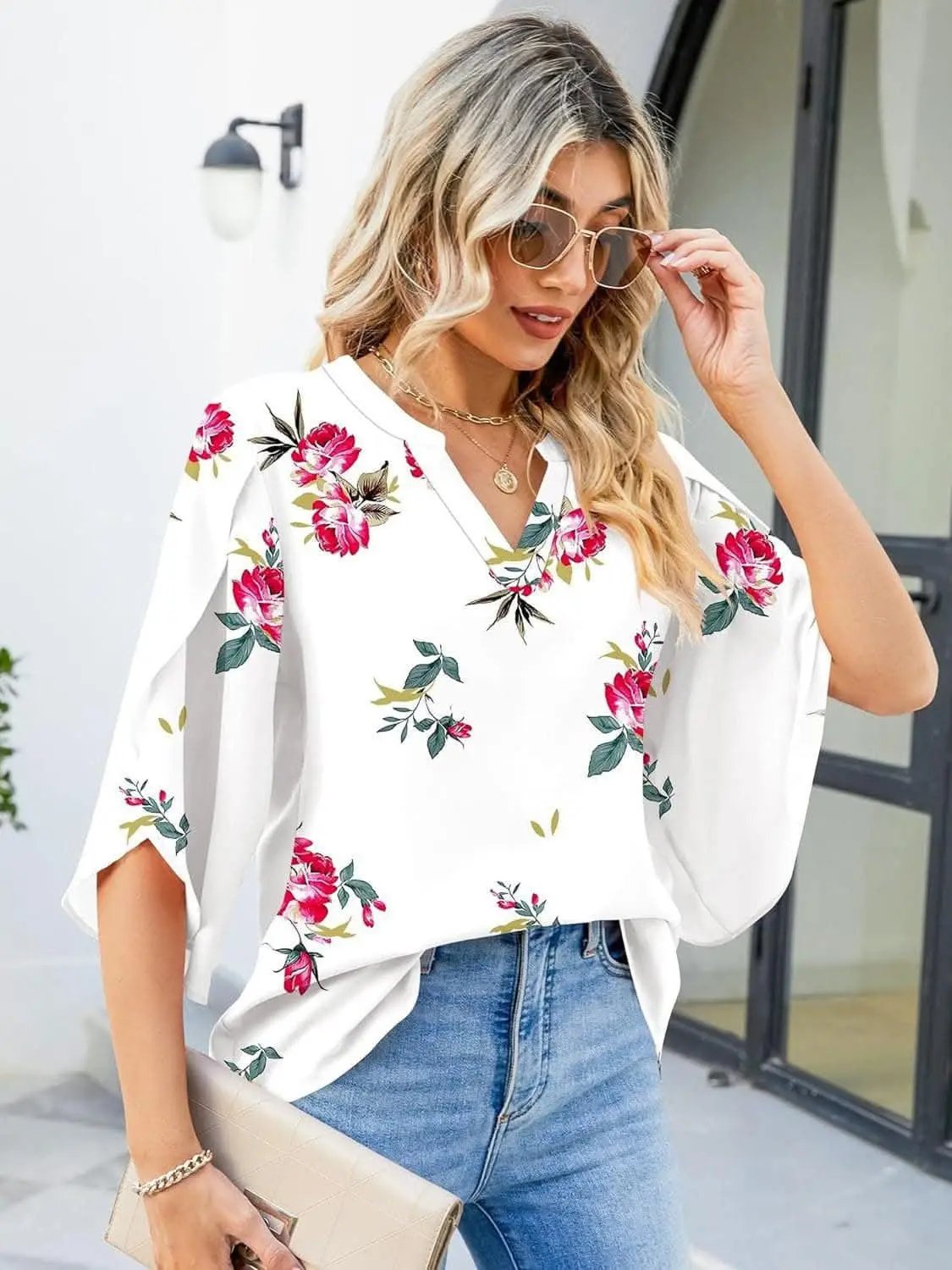 T-Shirts Trendsi Shirts - Chic Notched Sleeve Blouse - Premium Quality