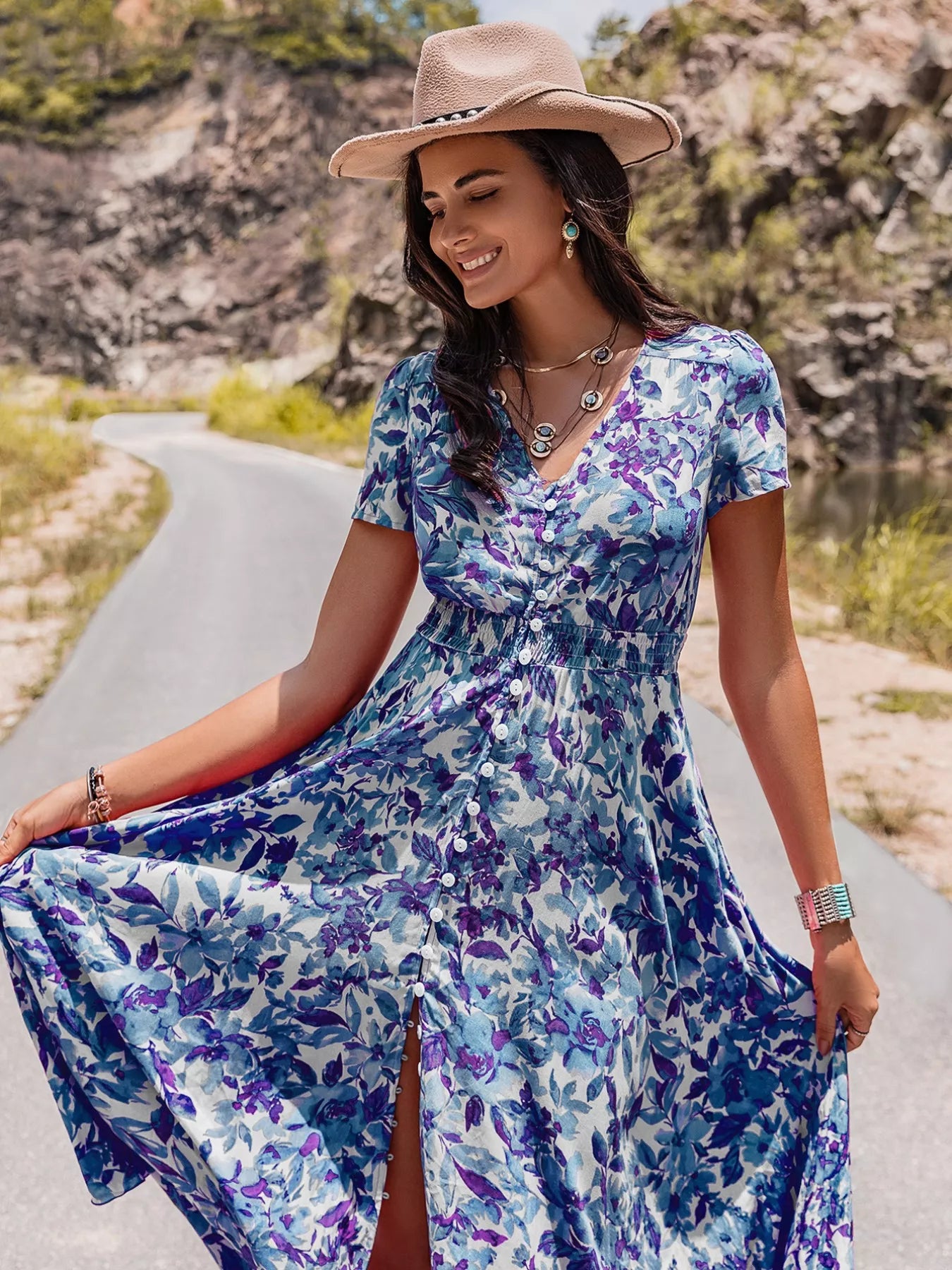 Floral Print Slit Front V Neck Midi Dress