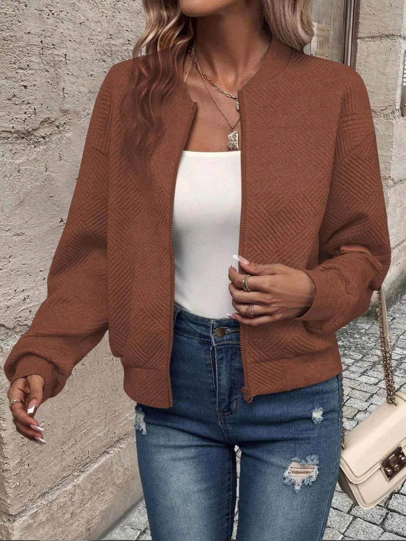Texture Zip Up Bomber Jacket
