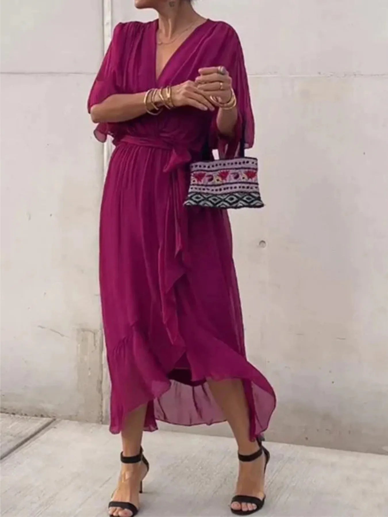 Flowy Tie Front Midi Dress with Flutter Sleeves
