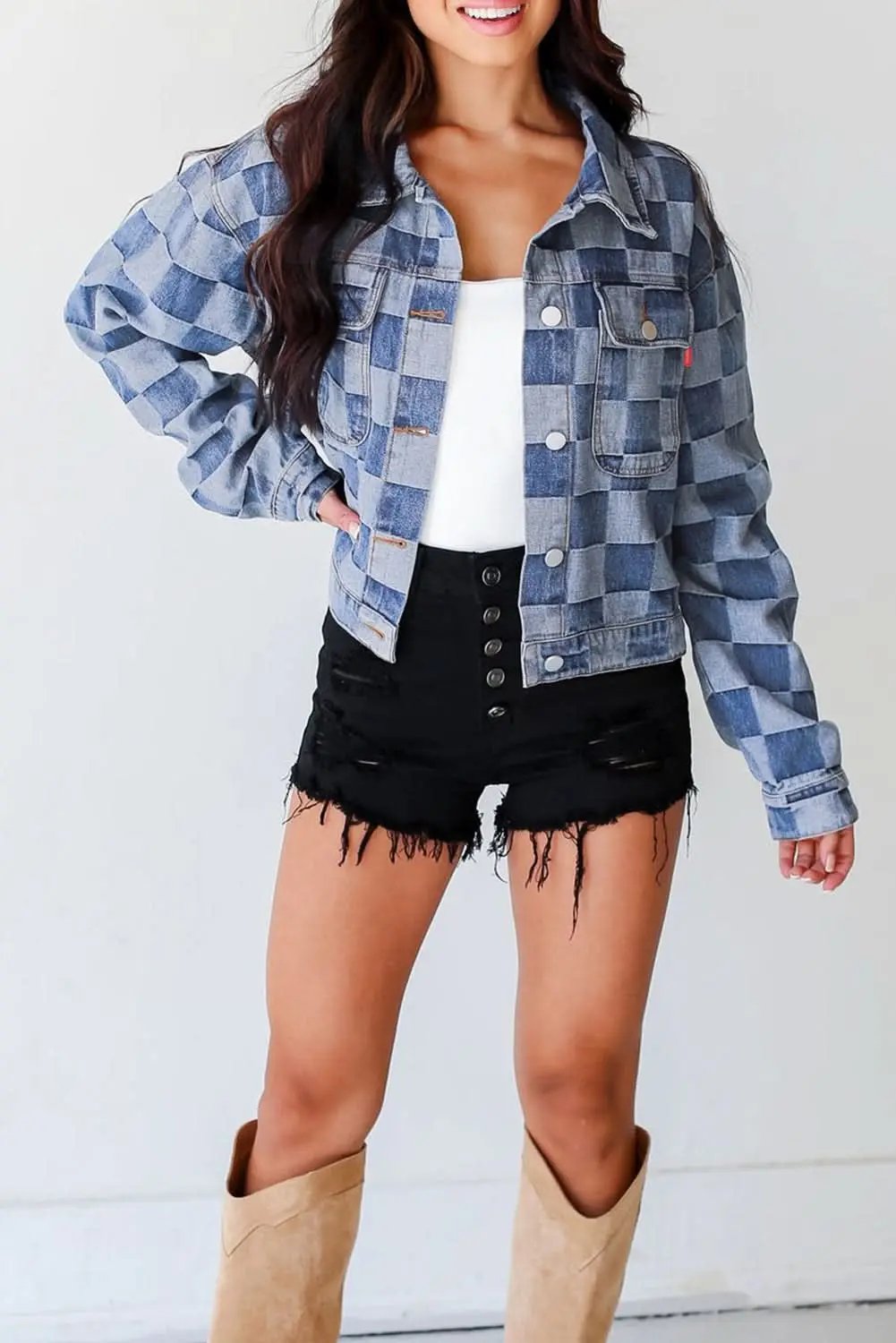 Jackets Love Salve Denim Jacket Women's Daily Wear Checkered Patchwork Button-Up Casual Spring