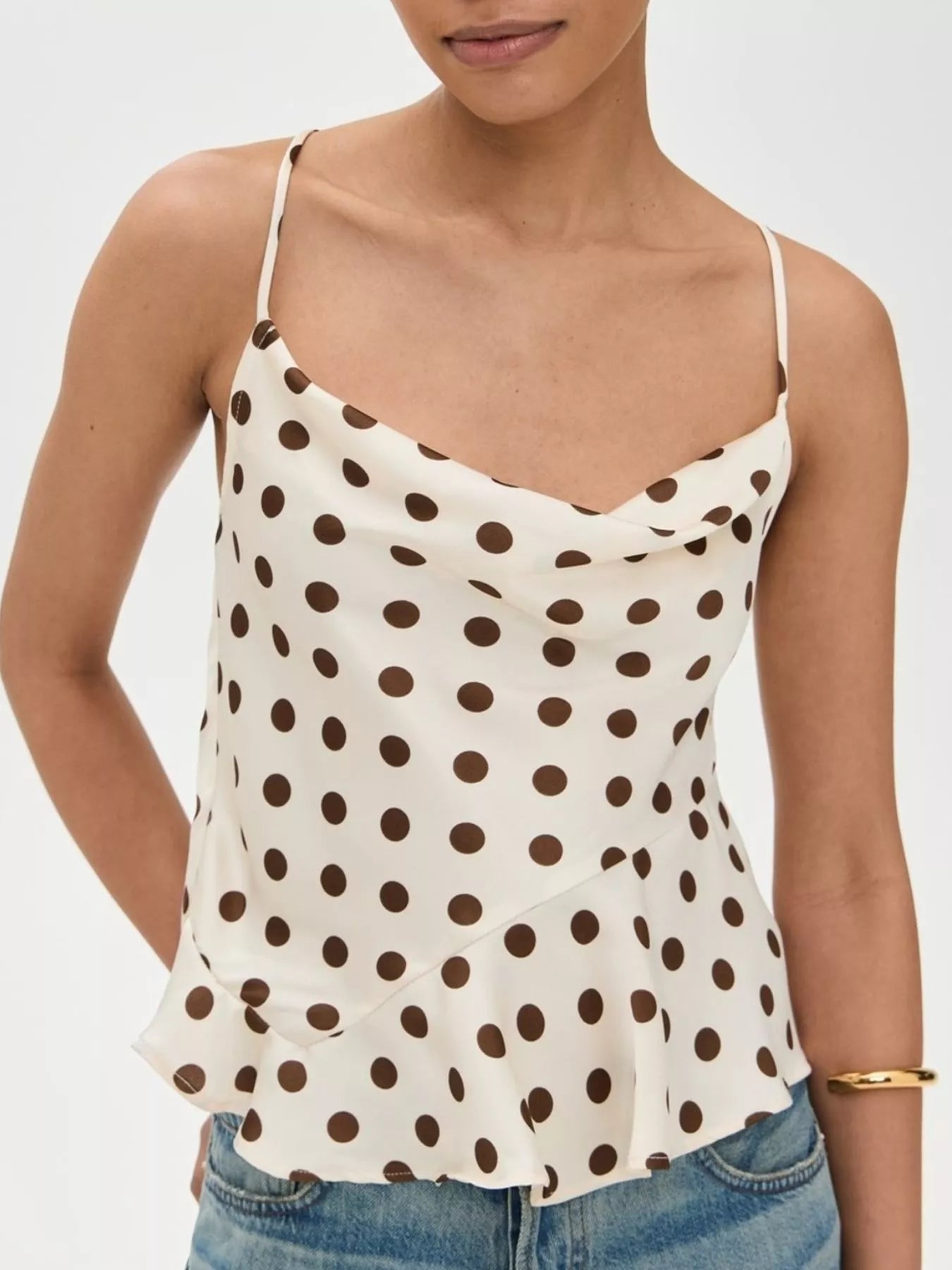Cowl Neck Polka Dot Cami with Crisscross Back Tie