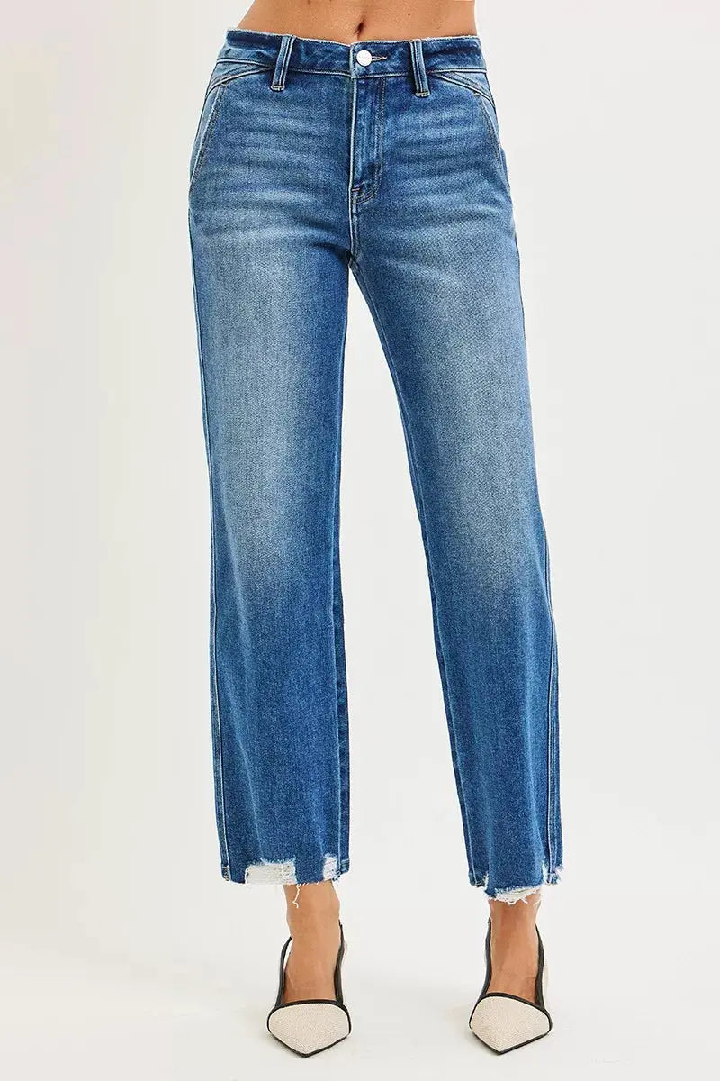 RISEN Jeans - High Rise Ankle Straight Distressed Hem Detail Jeans