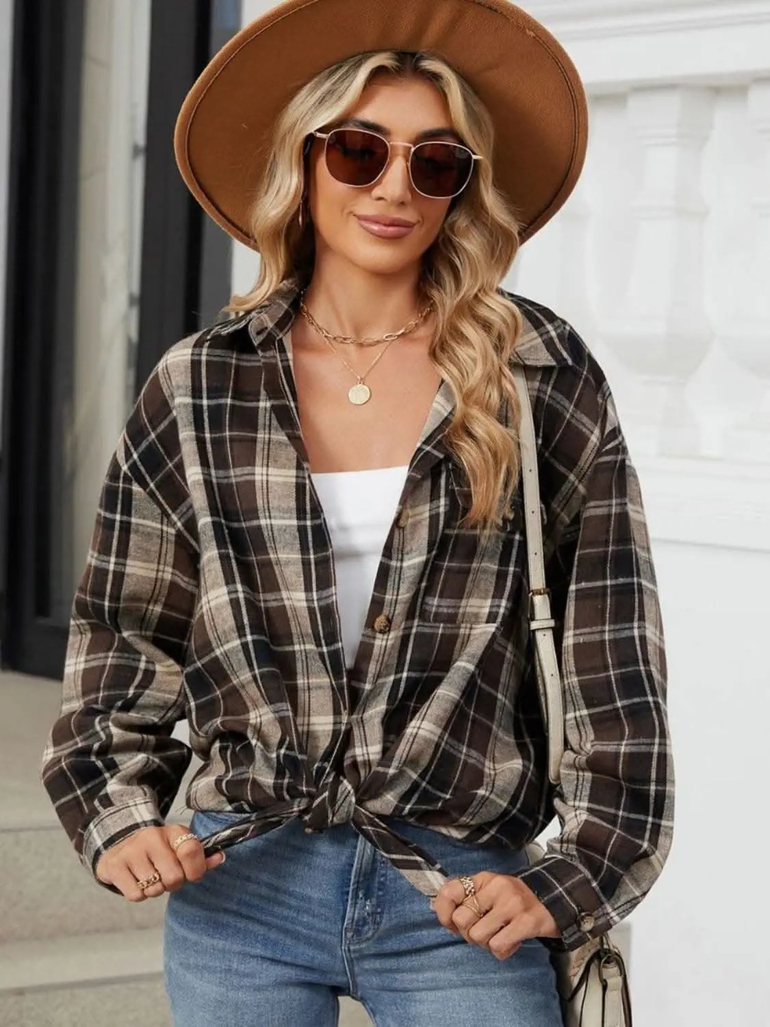 Trendsi Plaid Collared Shirt Long Sleeve — Casual Dusty Pink