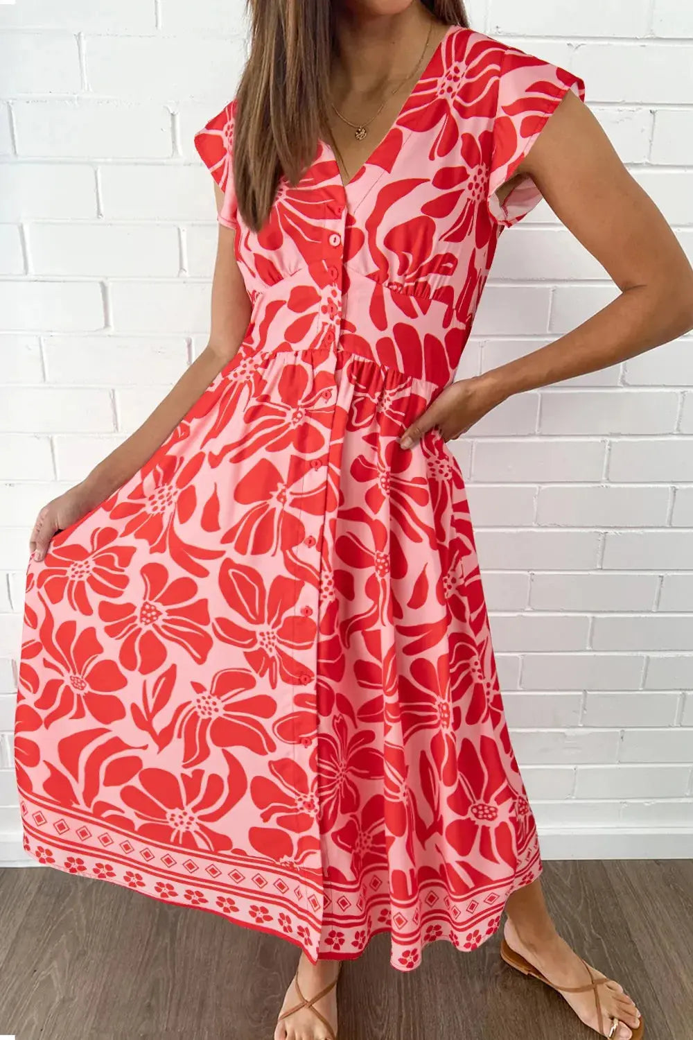 Floral Ruffled V Neck Midi Dress with Button Front