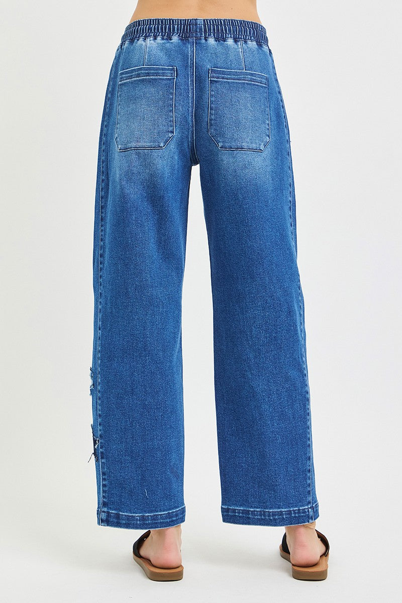 RISEN Elastic Band Slouchy Cropped Barrel Jeans with Star Patch