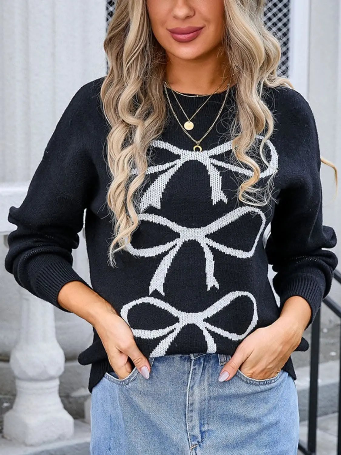Sweaters Trendsi Chic bow detail long sleeve sweater