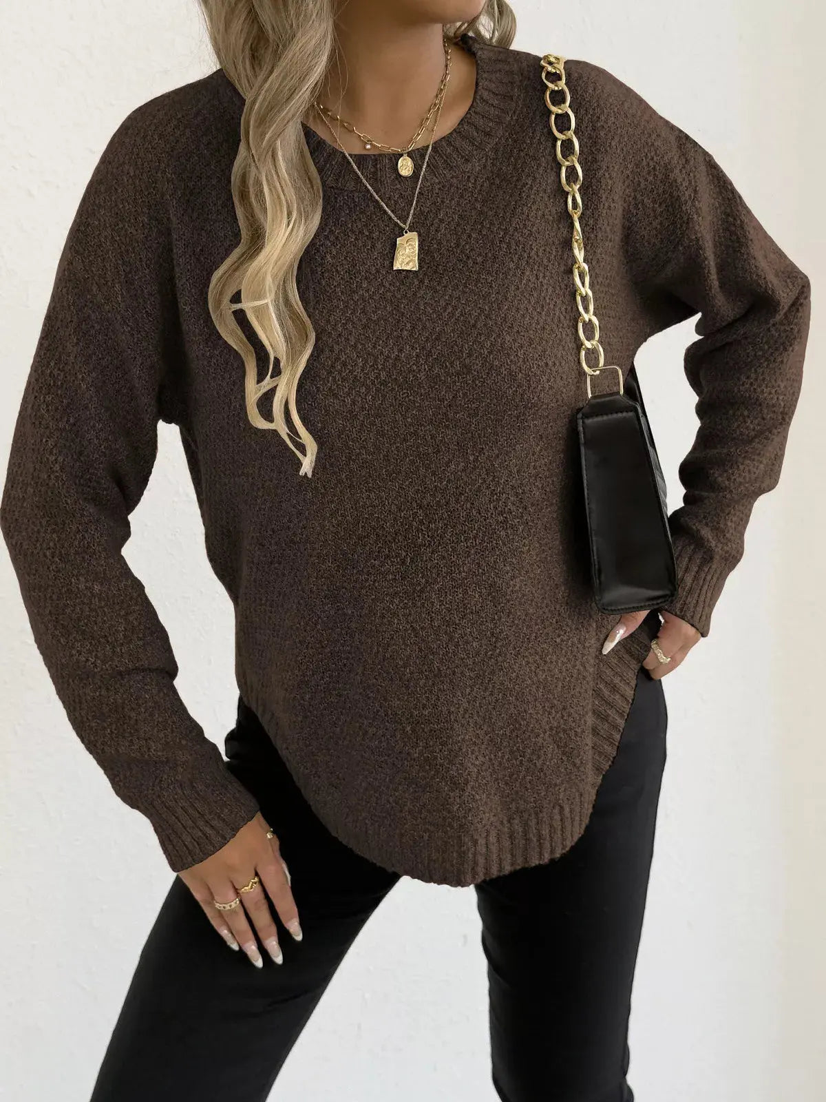 Round Neck Textured Knit Relaxed Fit Sweater