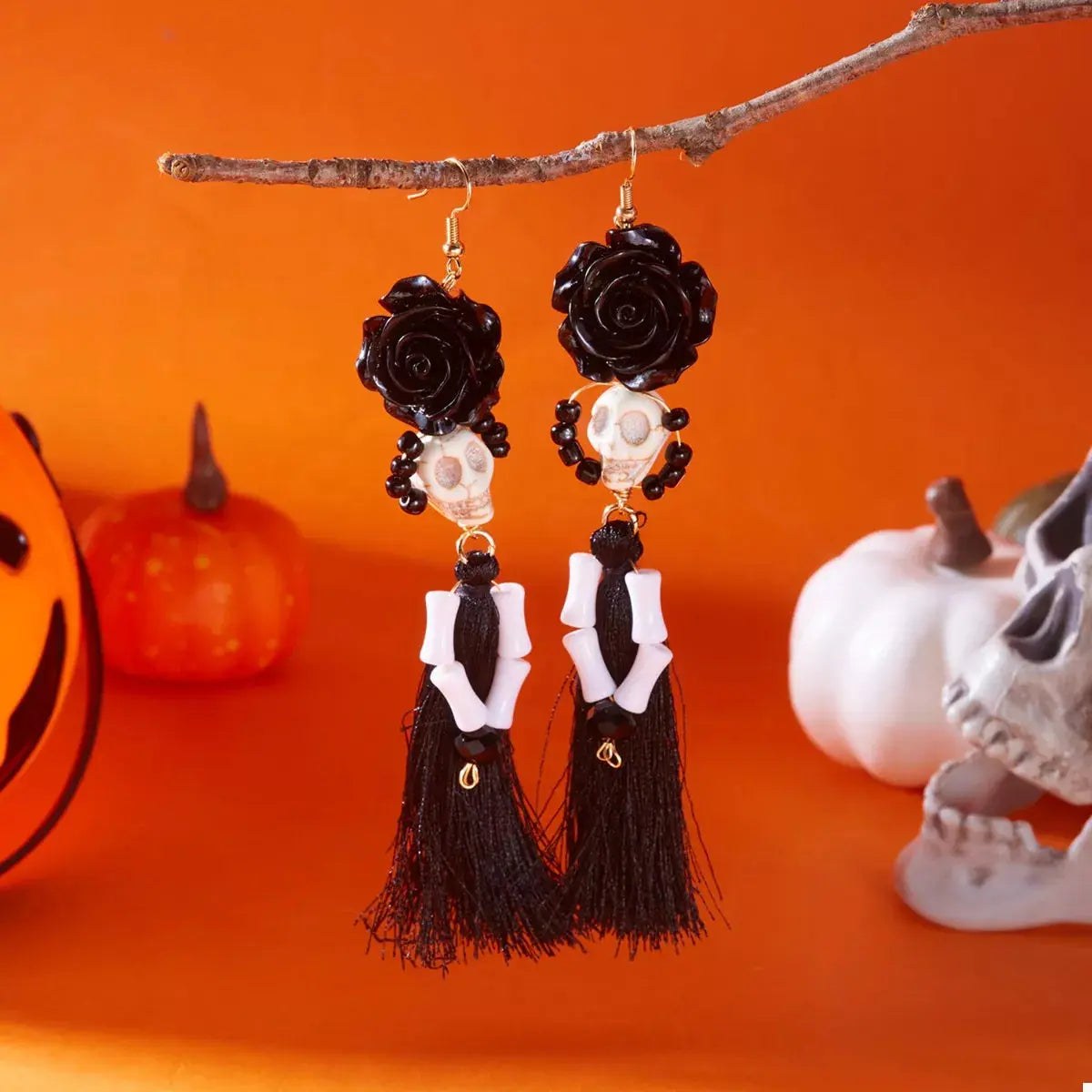 Sugar Skull Tassel Halloween Drop Earrings