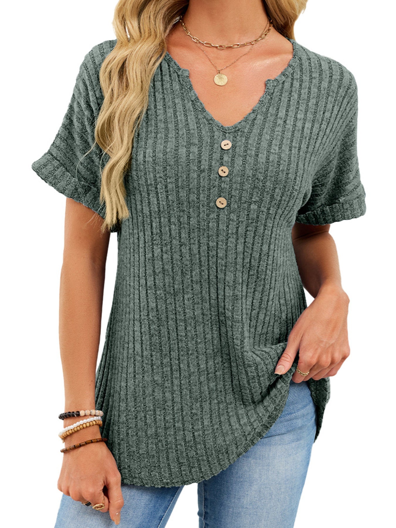Women's Ribbed Knit Button V Neck Short Sleeve T Shirt