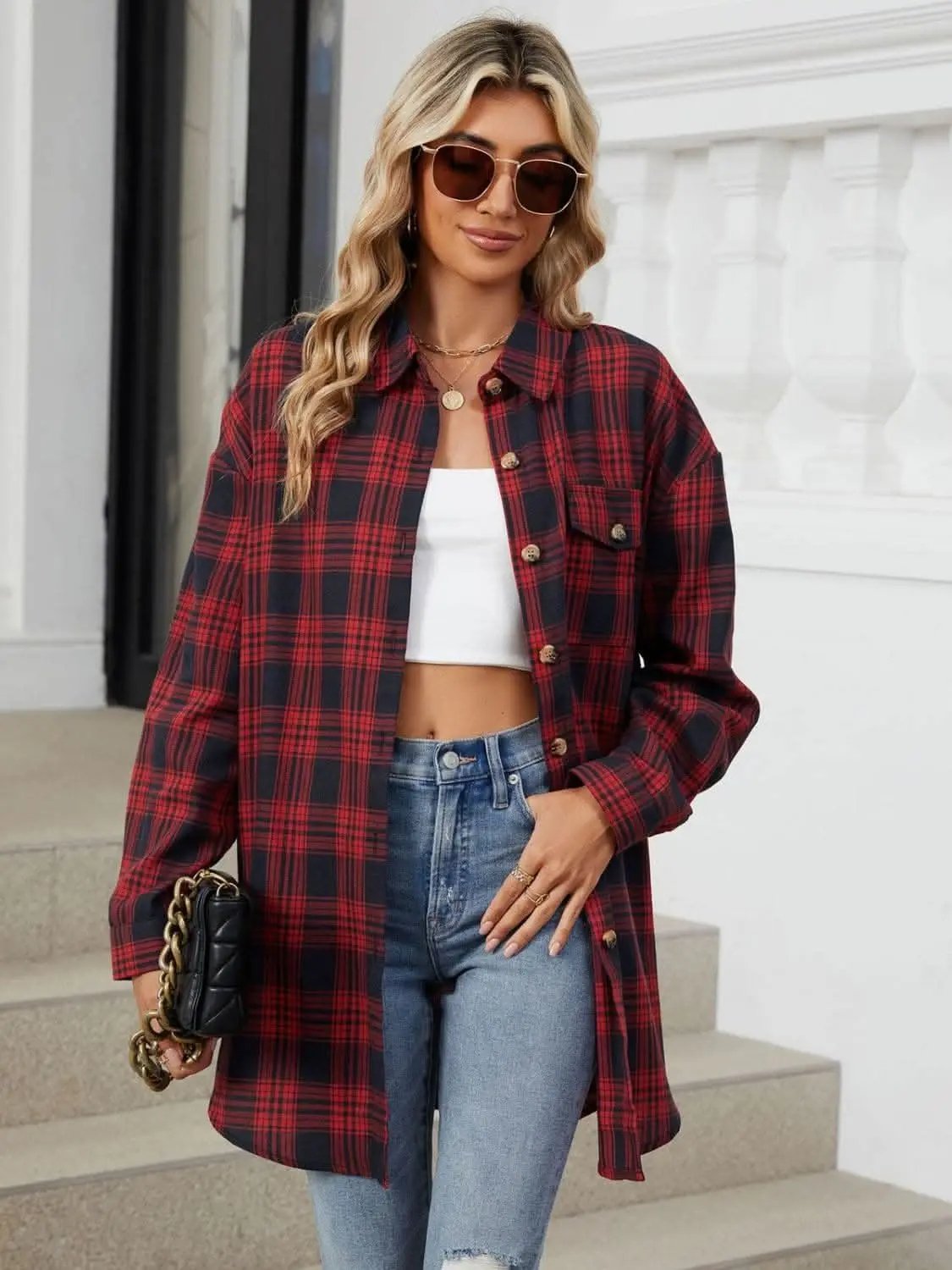 Trendsi Plaid Collared Shirt Long Sleeve — Casual Dusty Pink
