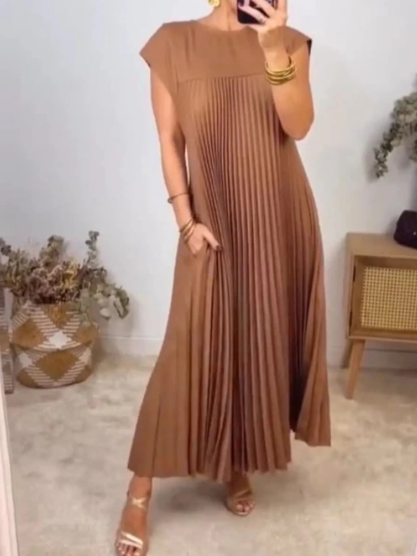 Pleated Round Neck Maxi Dress