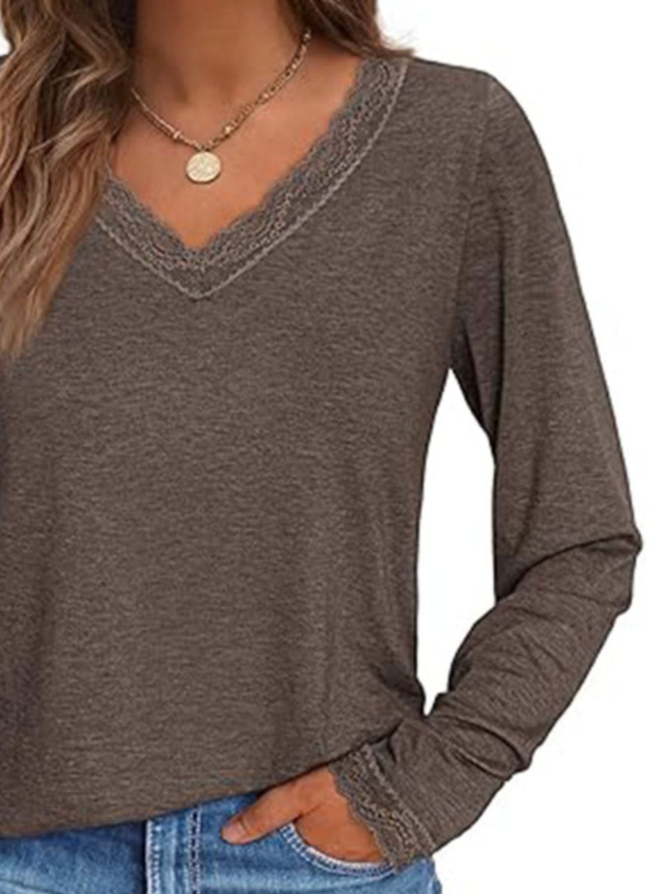 Women's Lace Trim V Neck Long Sleeve Top