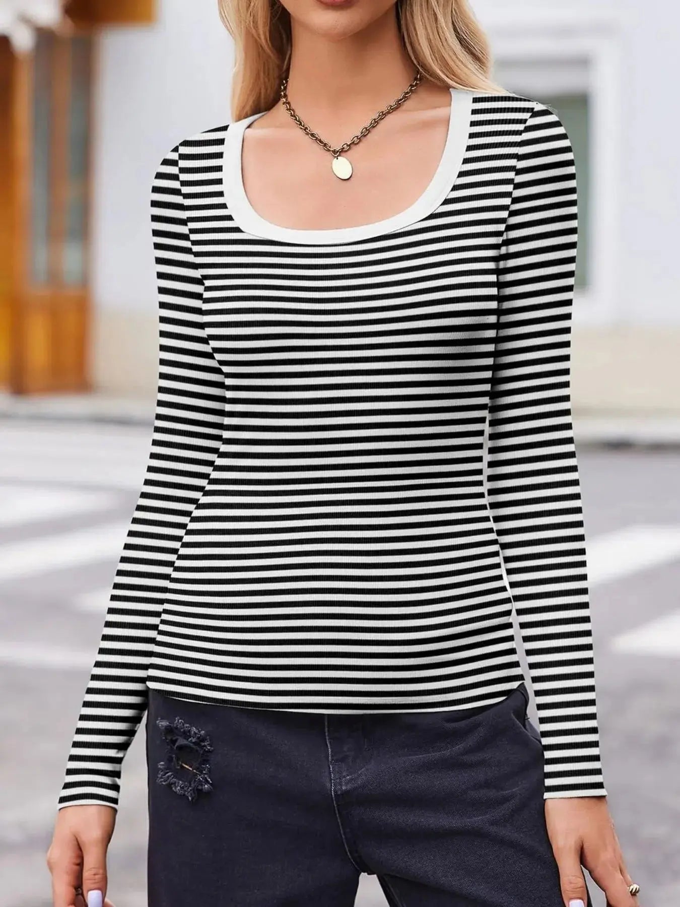 Striped Long Sleeve Scoop Neck T Shirt