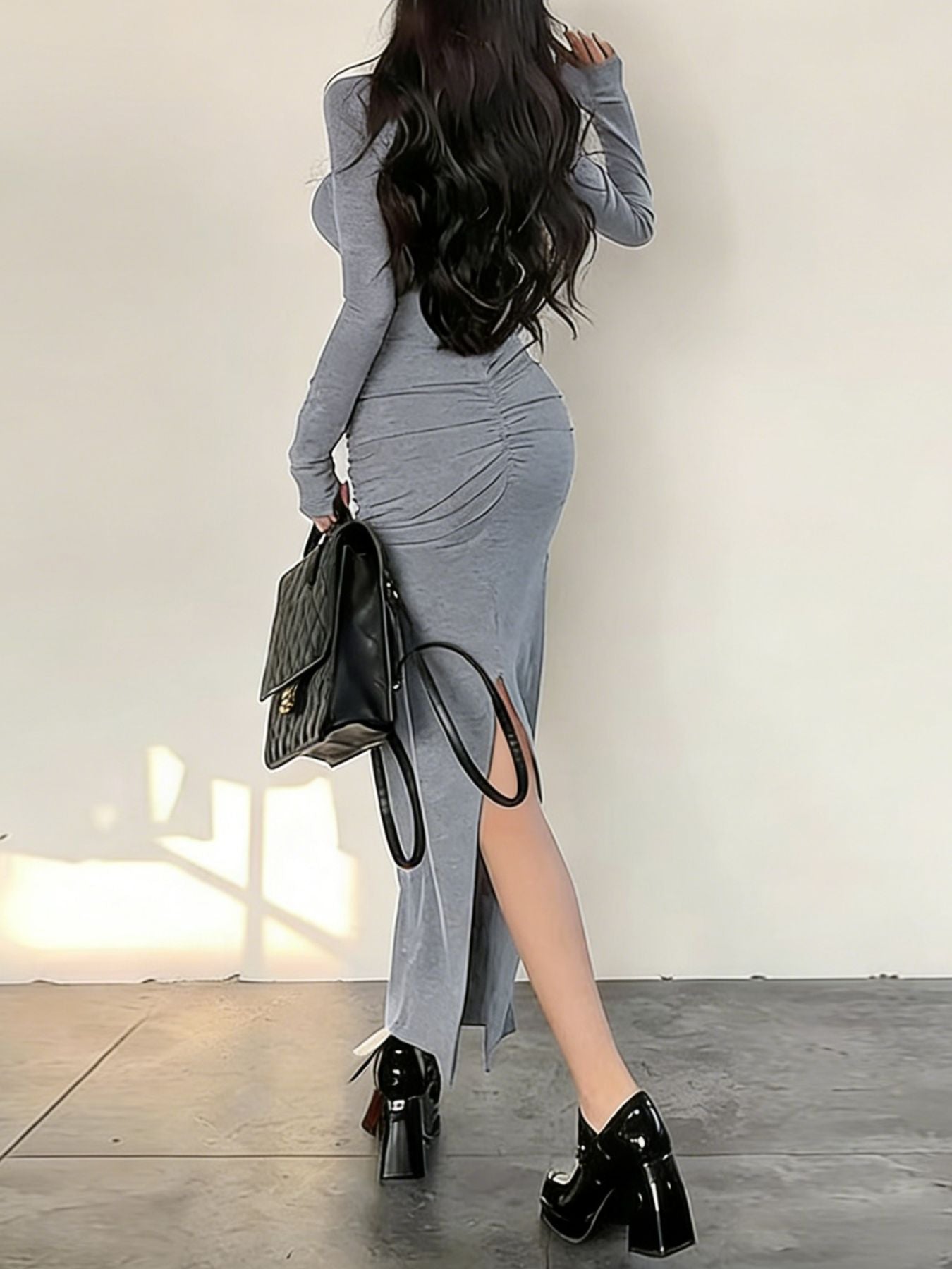 Ruched Slit Long Sleeve Bodycon Maxi Dress