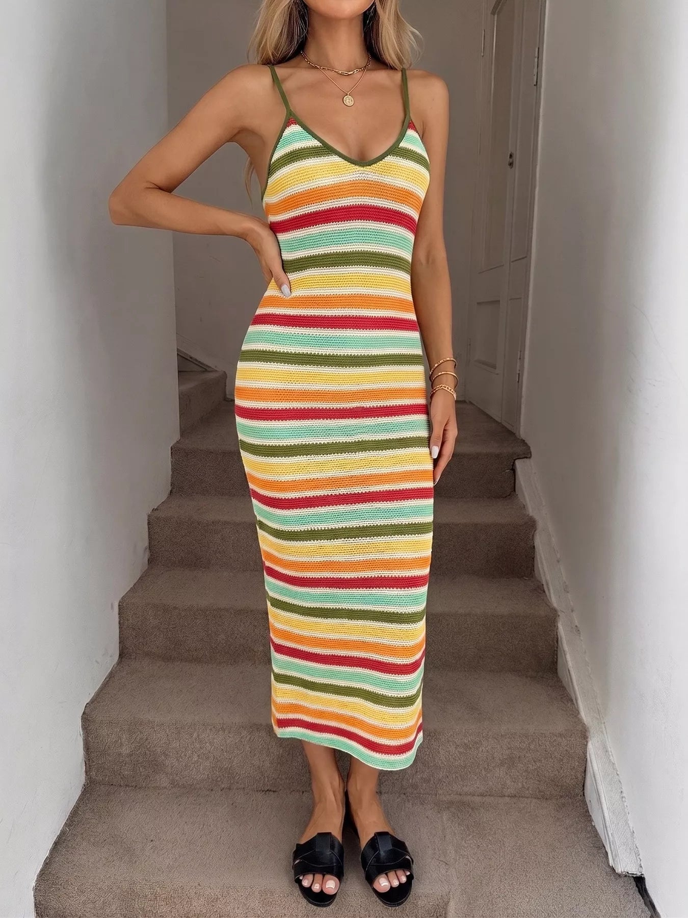 Striped Knit Bodycon Midi Dress