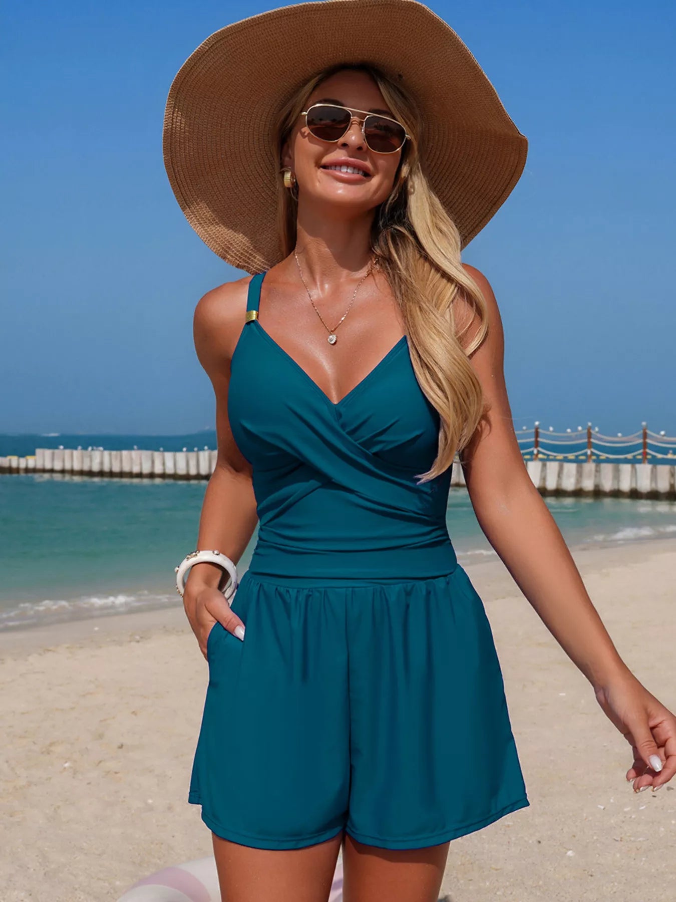 V Neck Spaghetti Strap One Piece Swimsuit