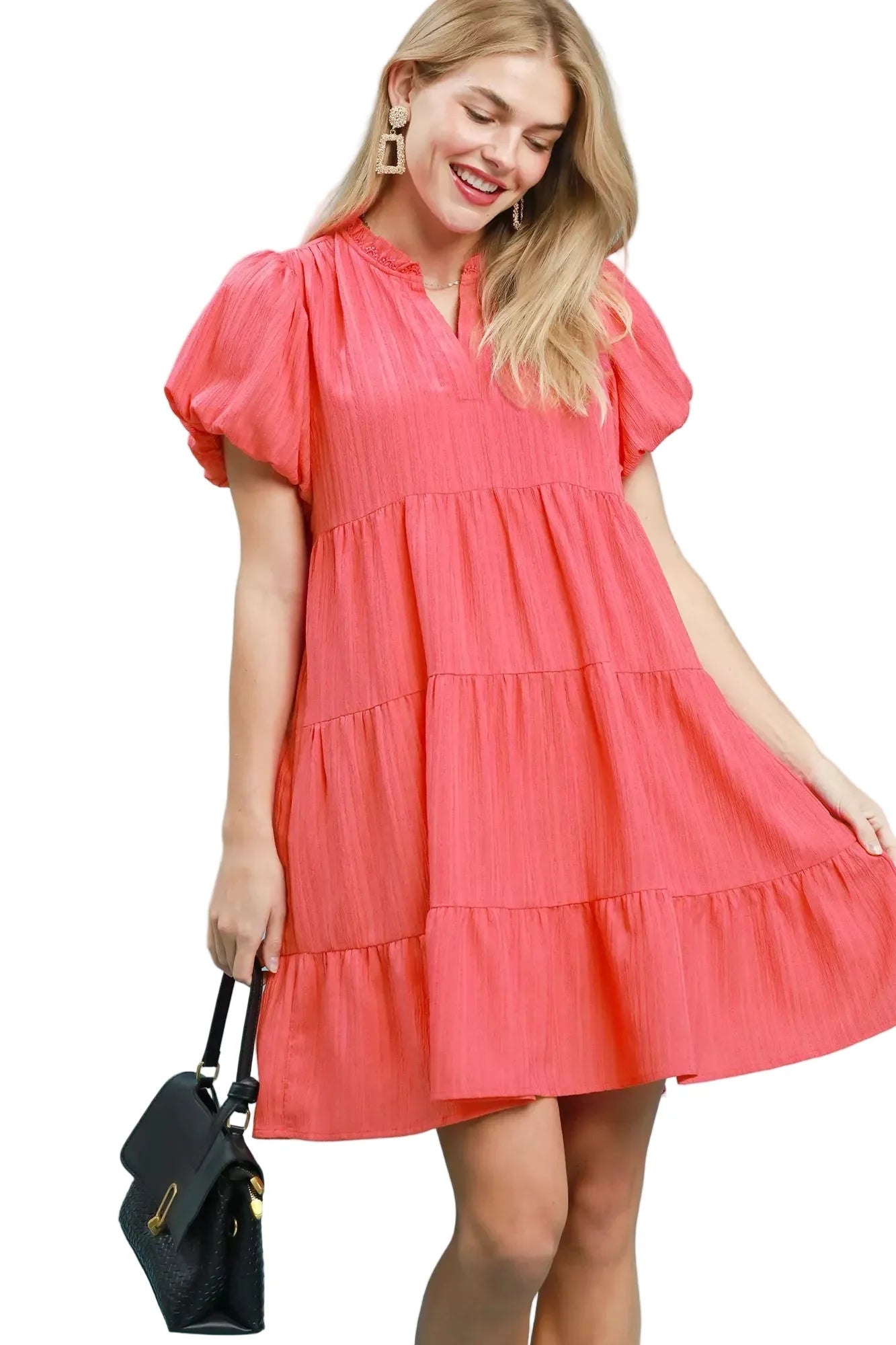 Puff Sleeve Tiered Babydoll Dress in Coral