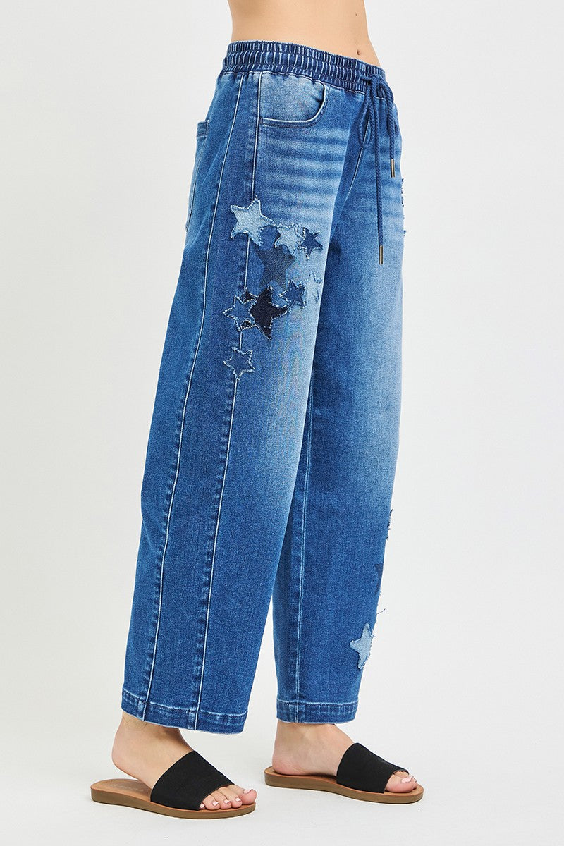 RISEN Elastic Band Slouchy Cropped Barrel Jeans with Star Patch