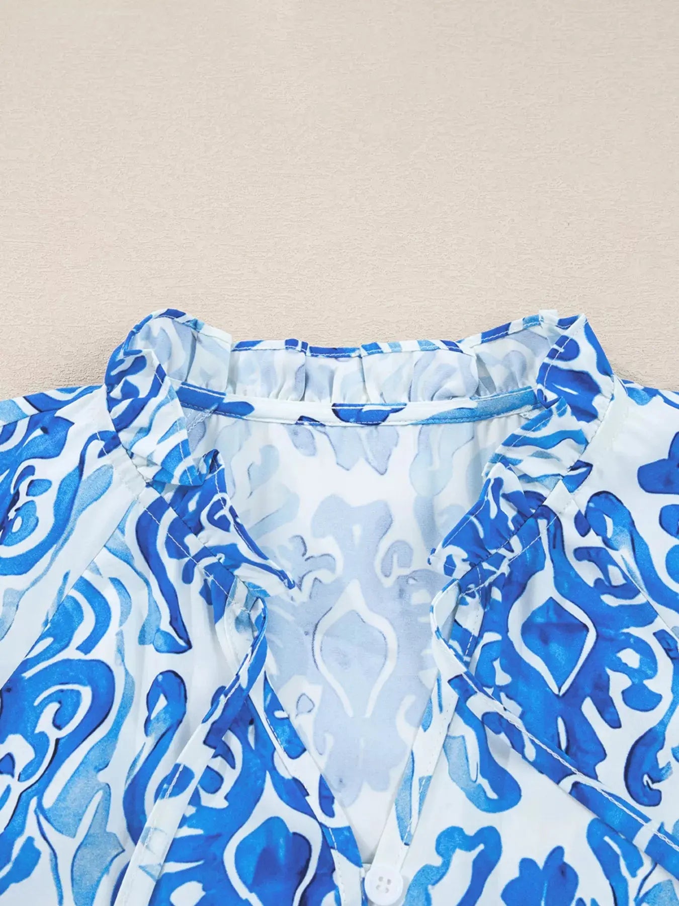 Printed Tie Split Neck Button Front Puff Sleeve Top