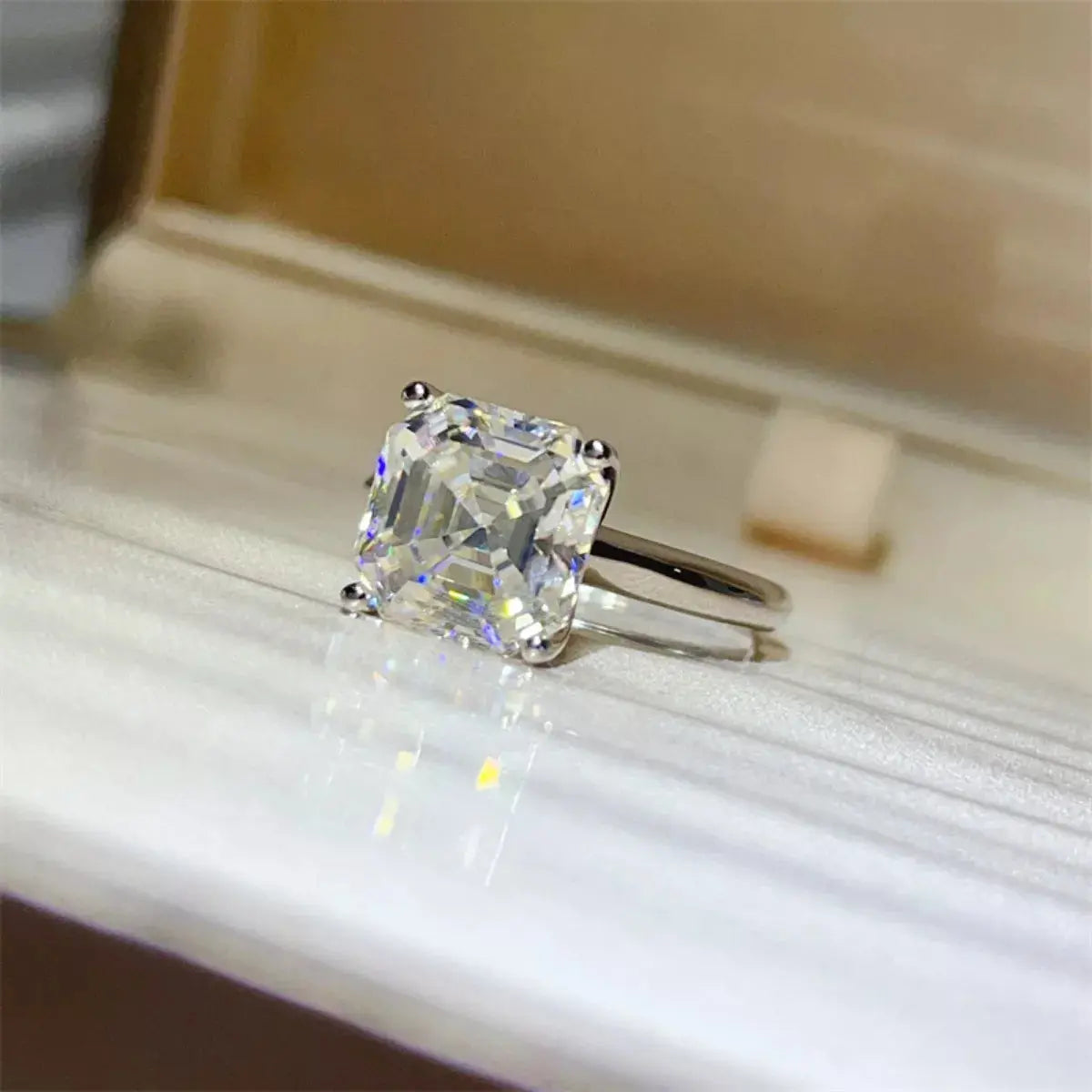 925 Sterling Silver Asscher Cut 5 Carat Moissanite Ring