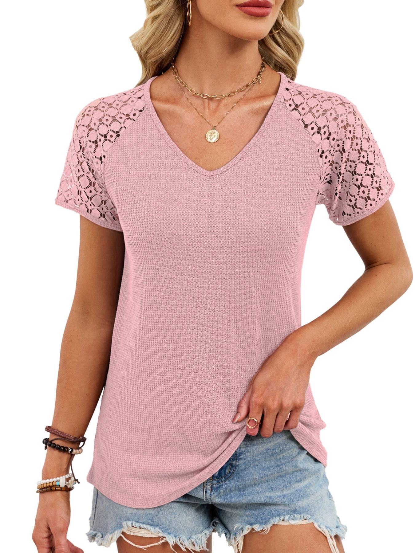 Lace Sleeve V Neck Waffle Knit T Shirt