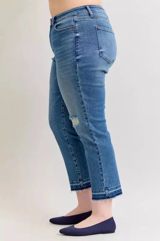 Judy Blue Jeans - Plus Size Mid Rise Boyfriend Destroy Jeans with Release Hem
